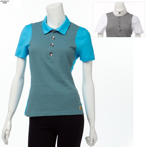 [기존판매가39,000원] KLTS12S-H029 체크배색 빅단추 하이넥 반팔 여성 골프티셔츠